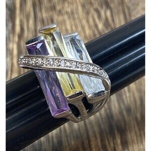 Vintage Asymmetrical Ring Sz 9.5 Pastel Color Glass  Silver Tone Statement Fun